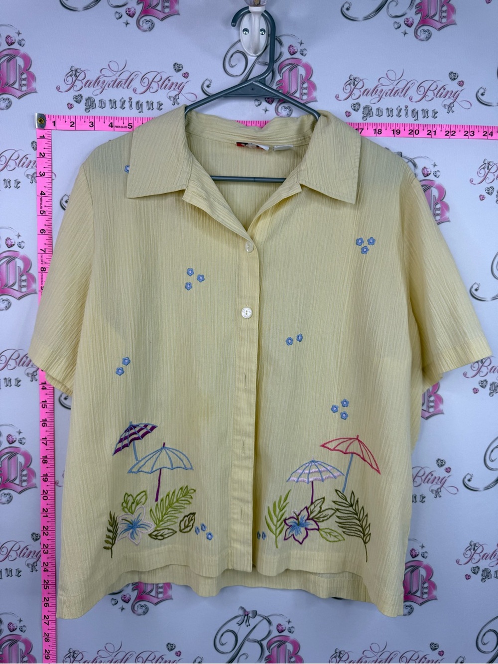Alia T-shirt button up Yellow Button-Up Top with Floral & Umbrella Embroidery